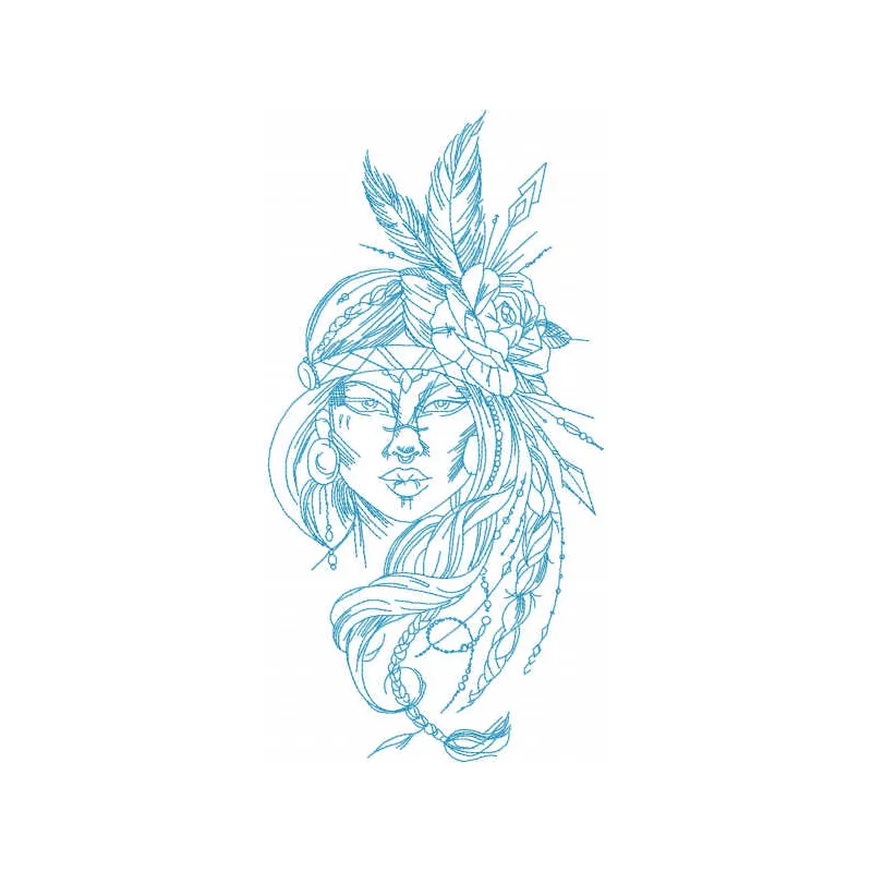 Embroidery design featuring an Indian girl adorned with feathers and a rose, perfect for creative stitching projects.