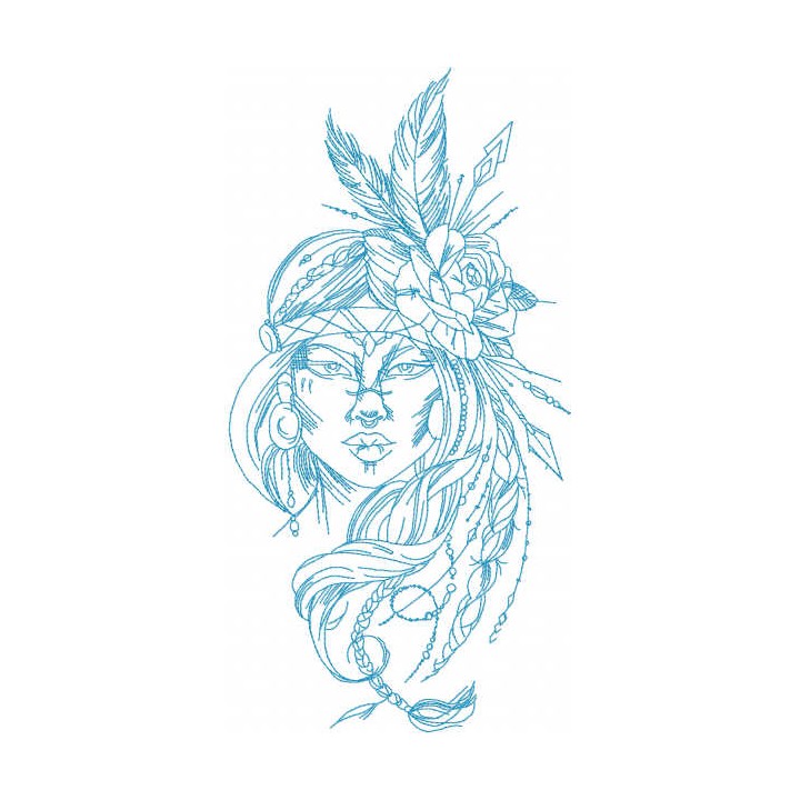 Indian girl with feathers and a rose embroidery design - Embroidery Design