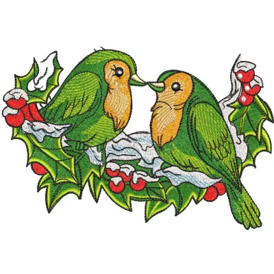 Embroidery design featuring birds perched on a snowy branch, perfect for winter-themed projects.