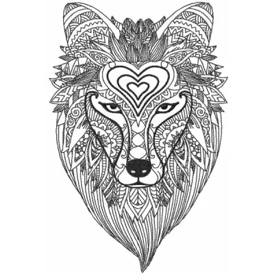 Tribal wolf one colored embroidery design showcasing intricate stitching patterns for animal-themed projects.