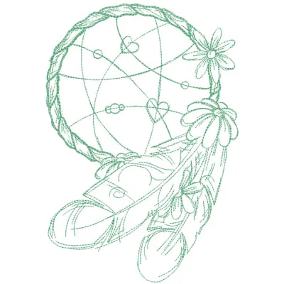 Outline embroidery design of a dream catcher adorned with delicate daisies, showcasing intricate stitching patterns.
