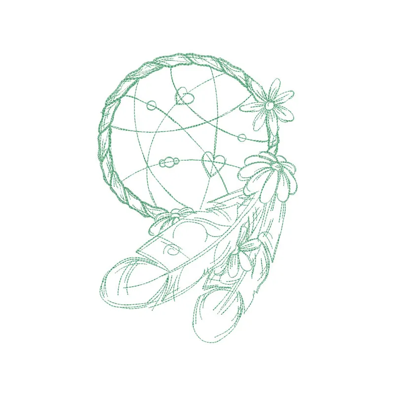 Outline embroidery design of a dream catcher adorned with delicate daisies, showcasing intricate stitching patterns.