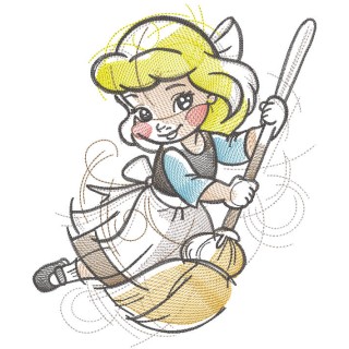 Cinderella with broom embroidery design - Embroidery Design
