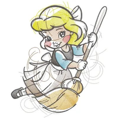 Cinderella with broom embroidery design, showcasing a whimsical stitched motif for creative projects.