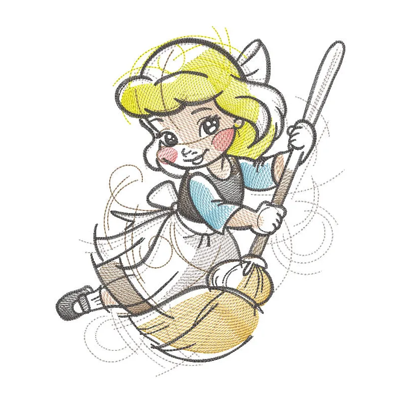 Cinderella with broom embroidery design, showcasing a whimsical stitched motif for creative projects.