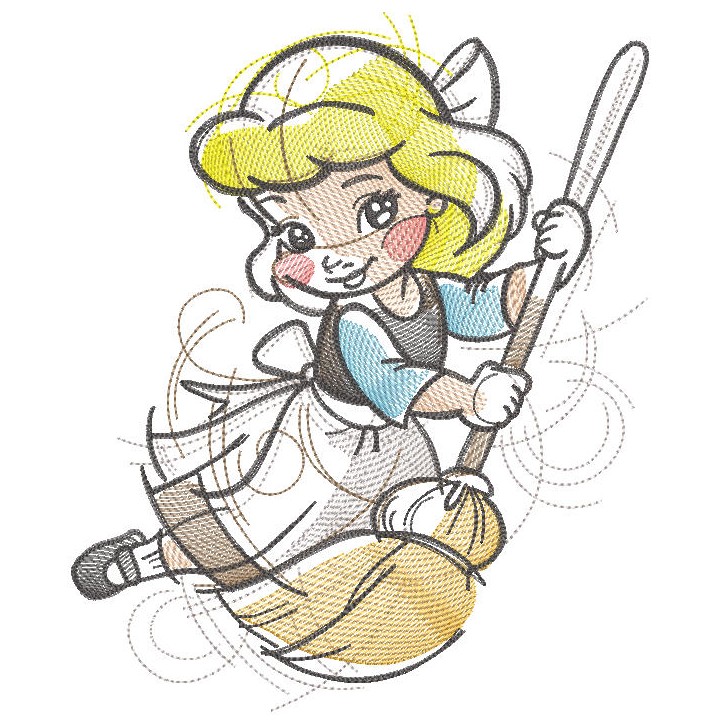 Cinderella with broom embroidery design - Embroidery Design