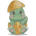 Newborn dinosaur nestled in an egg embroidery design, showcasing fun stitching patterns for baby items.