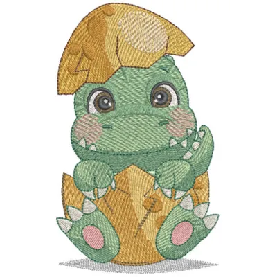 Newborn dinosaur nestled in an egg embroidery design, showcasing fun stitching patterns for baby items.