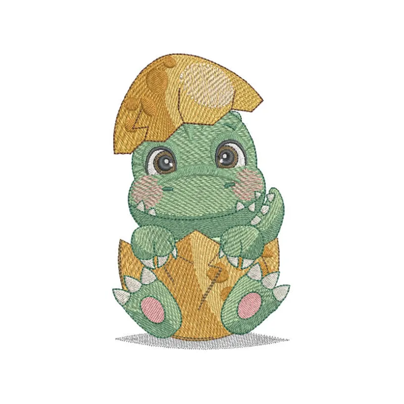 Newborn dinosaur nestled in an egg embroidery design, showcasing fun stitching patterns for baby items.