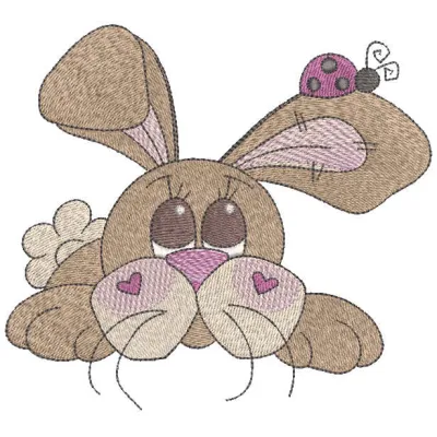 Embroidery design featuring a rabbit in a vibrant flower meadow, perfect for stitching on fabric projects.