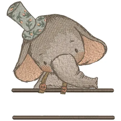 Elephant in top hat monogram embroidery design, showcasing a whimsical stitched motif for personalized projects.