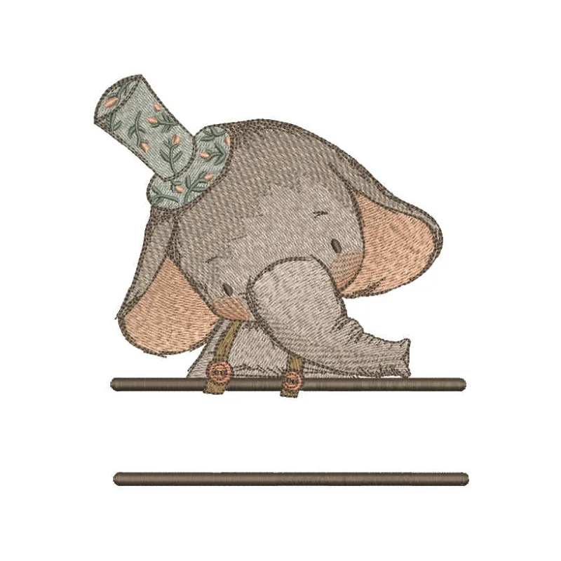 Elephant in top hat monogram embroidery design, showcasing a whimsical stitched motif for personalized projects.