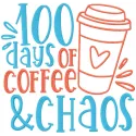Preview of the '100 Days of Coffee and Chaos' embroidery design showcasing a playful back to school theme.