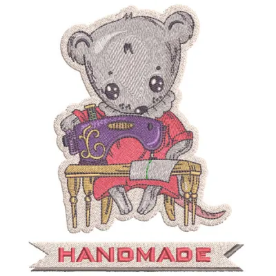 Embroidery design featuring a handmade mouse working at a sewing machine, perfect for crafting projects.
