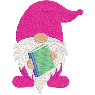 Embroidery design of a school dwarf holding a book, ideal for back-to-school projects and creative stitching.