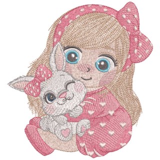 Girl with her favorite baby bunny embroidery design - Embroidery Design