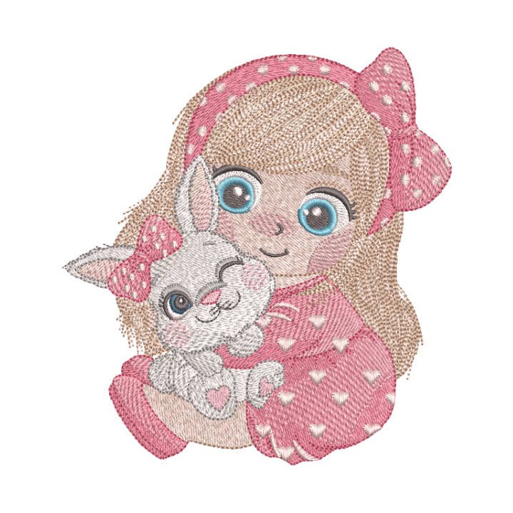 Girl with her favorite baby bunny embroidery design - Embroidery Design