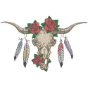 Buffalo skull with feathers and roses embroidery design showcasing intricate stitching patterns for creative projects.
