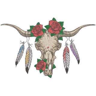 Buffalo skull with feathers and roses embroidery design - Embroidery Design