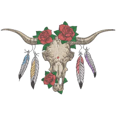 Buffalo skull with feathers and roses embroidery design showcasing intricate stitching patterns for creative projects.