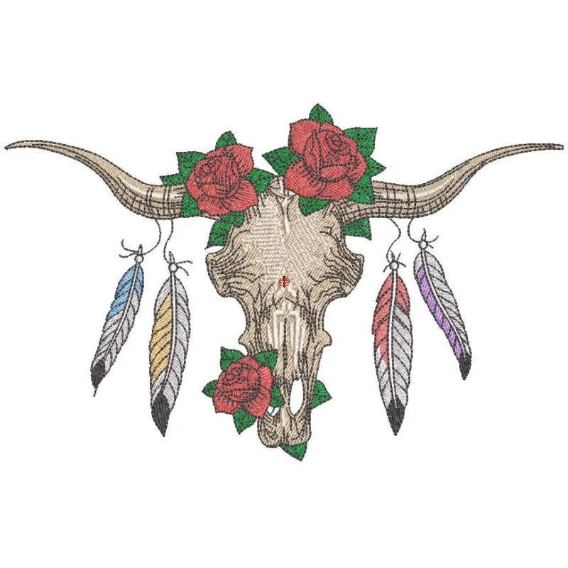 Buffalo skull with feathers and roses embroidery design showcasing intricate stitching patterns for creative projects.
