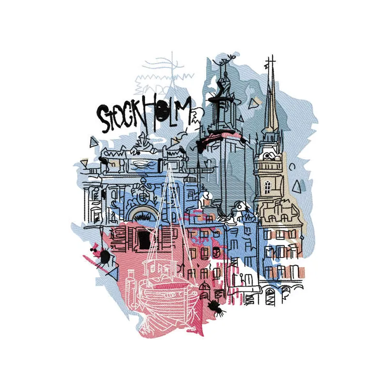 Stockholm city art embroidery design showcasing intricate motifs inspired by the iconic skyline and culture.