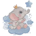 King elephant with baby bunny embroidery design showcasing a charming stitched motif for creative projects.