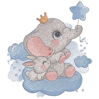 King  elephant with baby bunny embroidery design - Embroidery Design