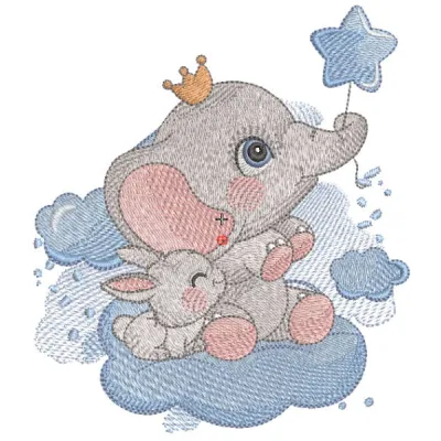 King elephant with baby bunny embroidery design showcasing a charming stitched motif for creative projects.