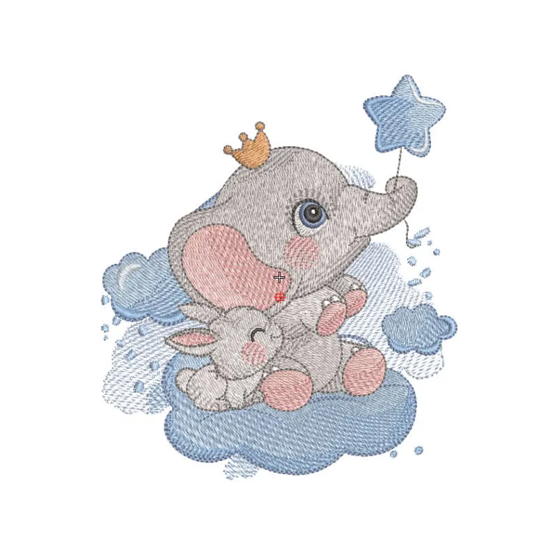 King elephant with baby bunny embroidery design showcasing a charming stitched motif for creative projects.