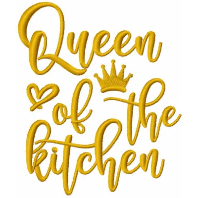 Preview of the 'Queen of the Kitchen' inscription embroidery design, perfect for kitchen towels or aprons.