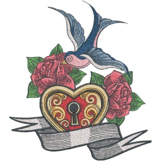 Swallow lock and rose embroidery design - Embroidery Design