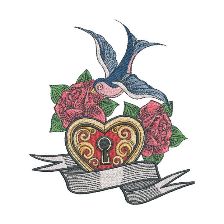 Swallow lock and rose embroidery design - Embroidery Design