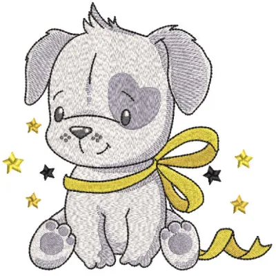 Embroidery design featuring a cheerful dog, ideal for birthday presents, showcased in a vibrant preview.