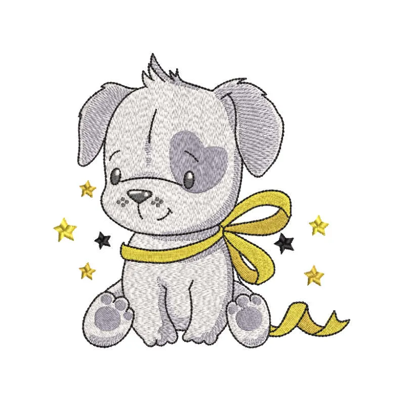 Embroidery design featuring a cheerful dog, ideal for birthday presents, showcased in a vibrant preview.