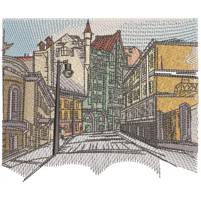 Streets of the old city embroidery design showcasing intricate stitching patterns of a scenic urban landscape.