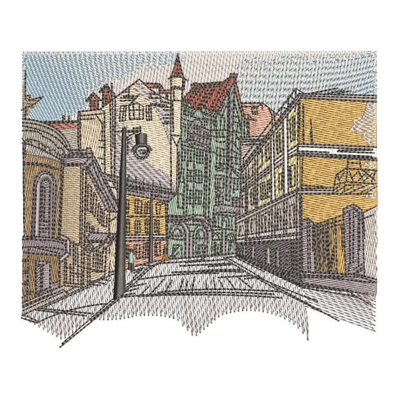 Streets of the old city embroidery design showcasing intricate stitching patterns of a scenic urban landscape.