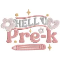 Hello pre-k embroidery design showcasing vibrant colors, ideal for stitching on backpacks or t-shirts for school.