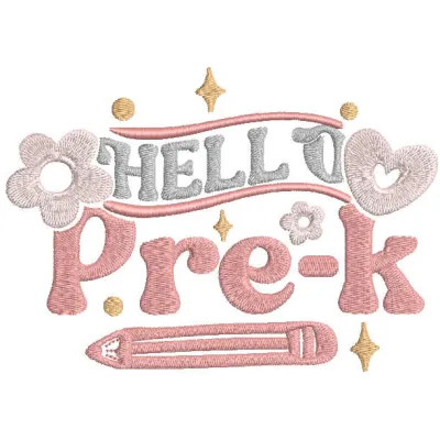 Hello pre-k embroidery design showcasing vibrant colors, ideal for stitching on backpacks or t-shirts for school.