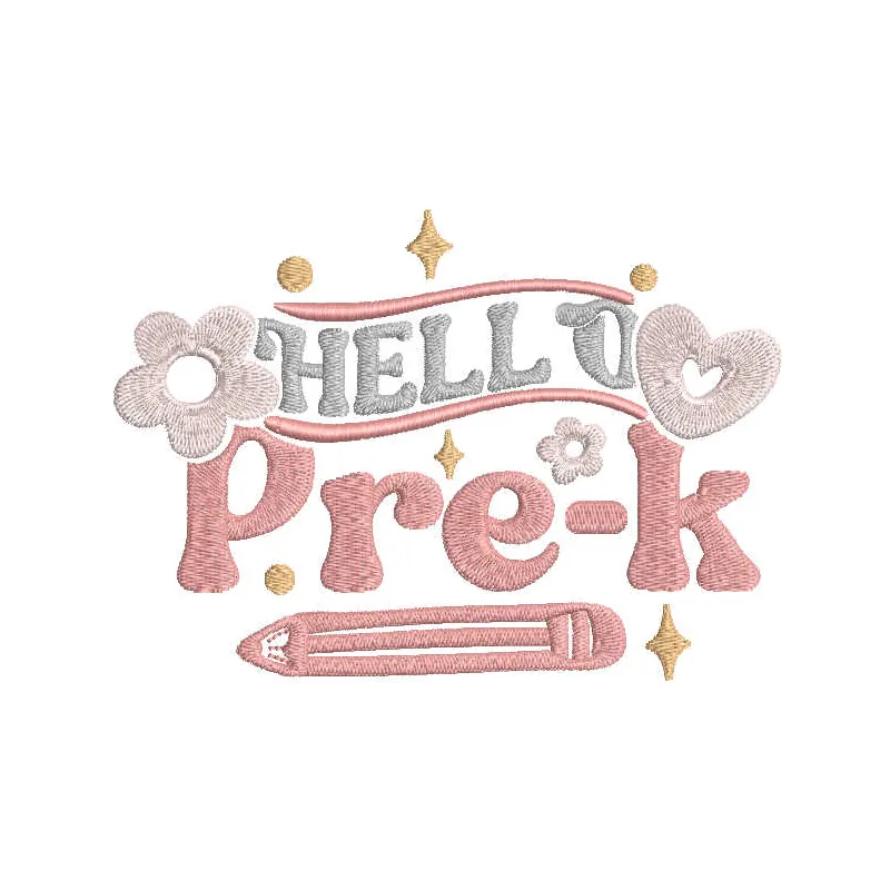 Hello pre-k embroidery design showcasing vibrant colors, ideal for stitching on backpacks or t-shirts for school.