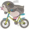 Preview of a whimsical penguin cyclist embroidery design, showcasing the stitched motif of a penguin on a bicycle.