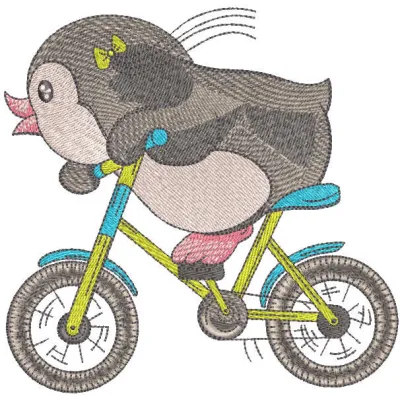 Preview of a whimsical penguin cyclist embroidery design, showcasing the stitched motif of a penguin on a bicycle.