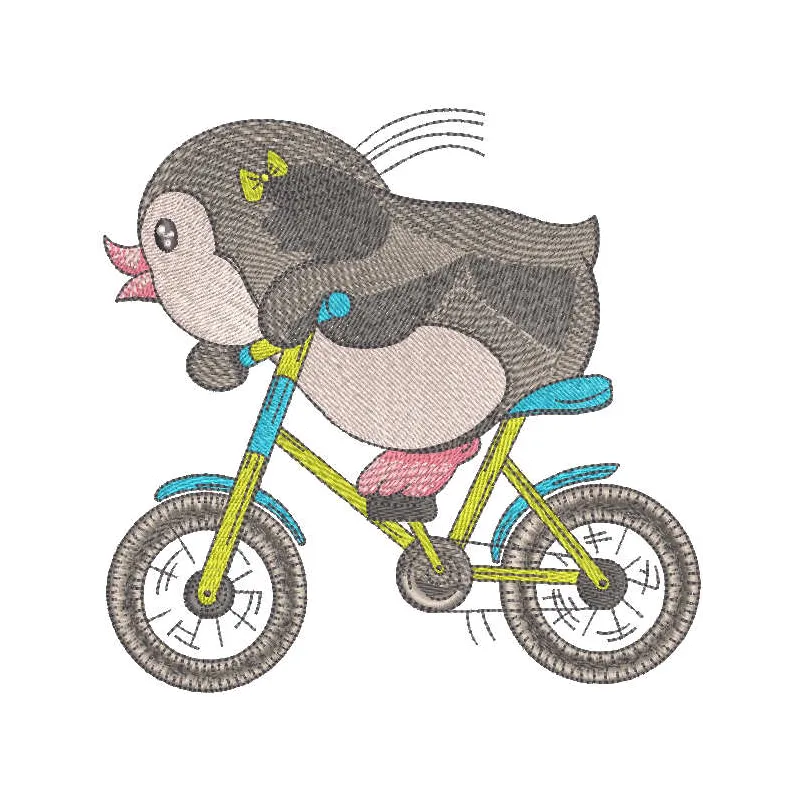 Preview of a whimsical penguin cyclist embroidery design, showcasing the stitched motif of a penguin on a bicycle.
