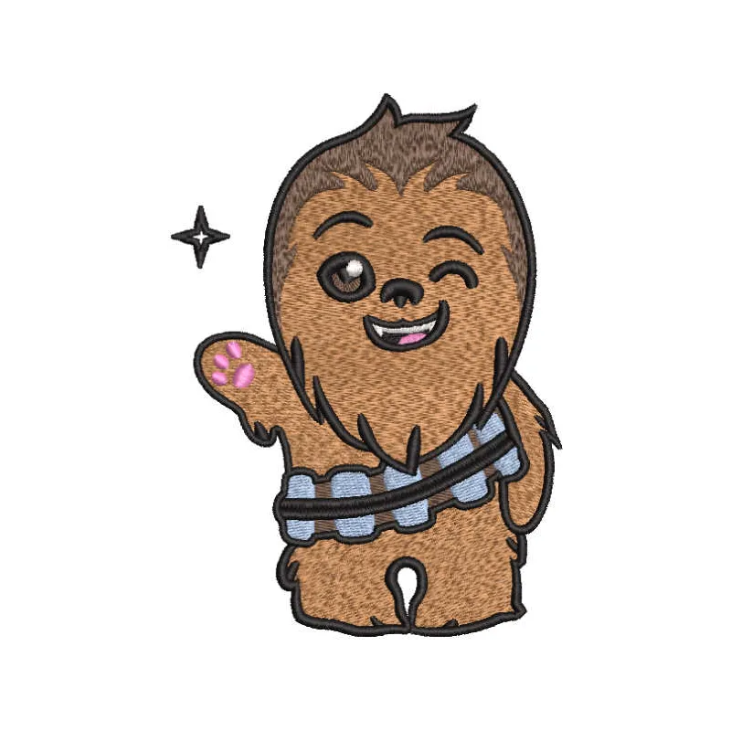 Chewbacca wink embroidery design featuring a playful Chewbacca face, perfect for Star Wars themed projects.