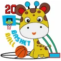 Giraffe basketball embroidery design showcasing a playful giraffe dribbling a basketball, perfect for kids' apparel.