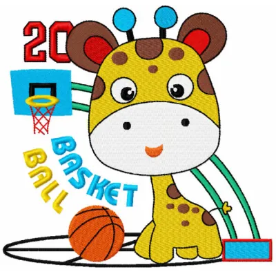 Giraffe basketball embroidery design showcasing a playful giraffe dribbling a basketball, perfect for kids' apparel.