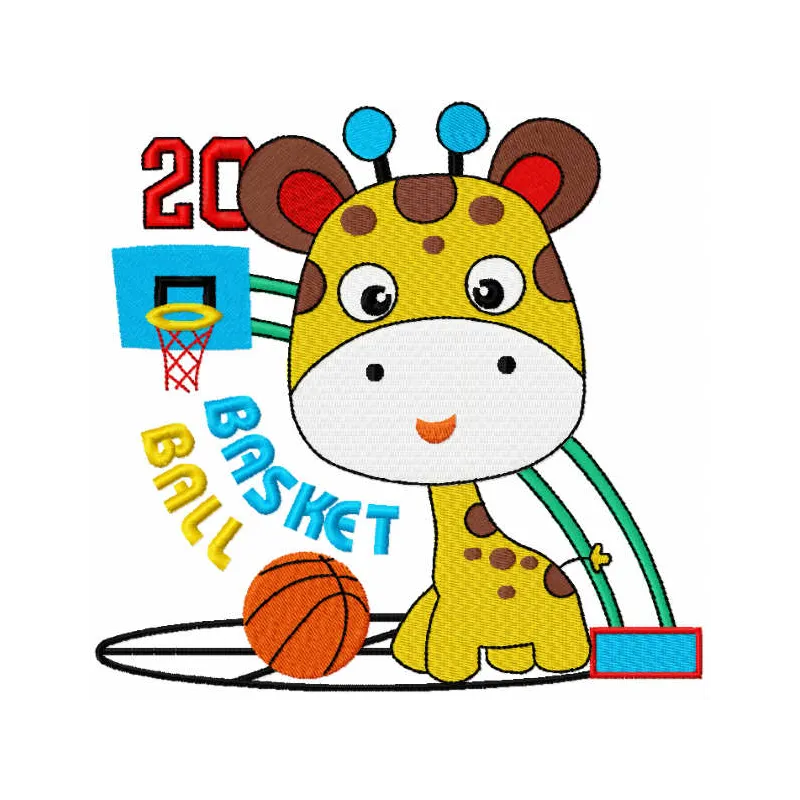 Giraffe basketball embroidery design showcasing a playful giraffe dribbling a basketball, perfect for kids' apparel.