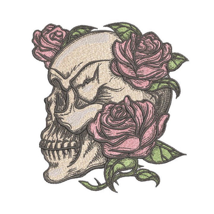 Skull overgrown with roses embroidery design - Embroidery Design