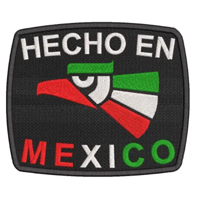 Hecho en Mexico logo embroidery design preview for business applications on apparel and accessories.