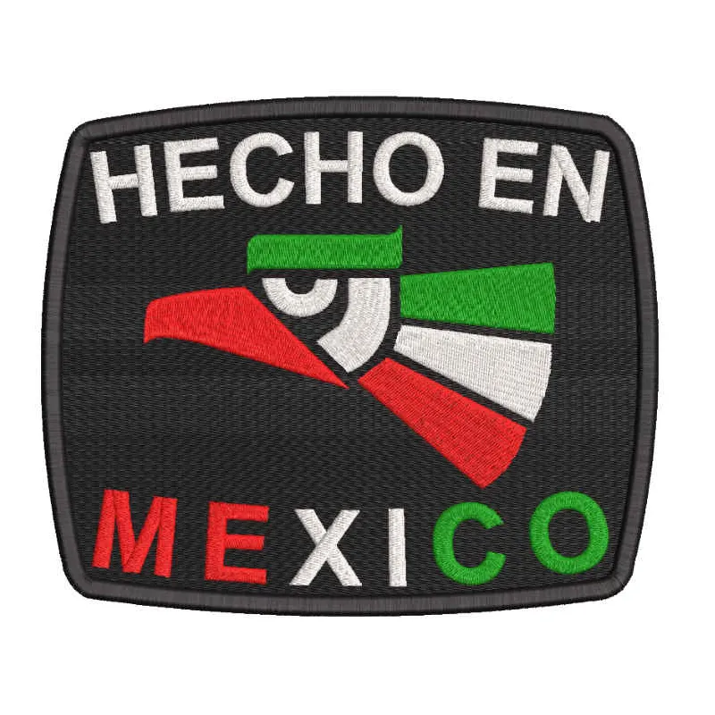 Hecho en Mexico logo embroidery design preview for business applications on apparel and accessories.